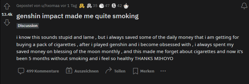Reddit-User hört wegen Genshin Impact mit dem Rauchen auf